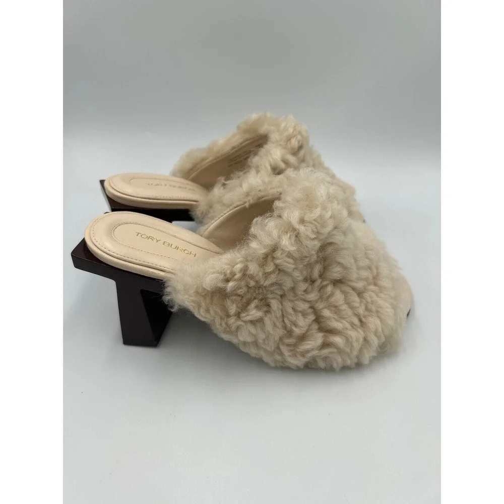 Tory Burch Cream Shearling Fur Mules Block Heel Slides Leather Sole Size 6.5